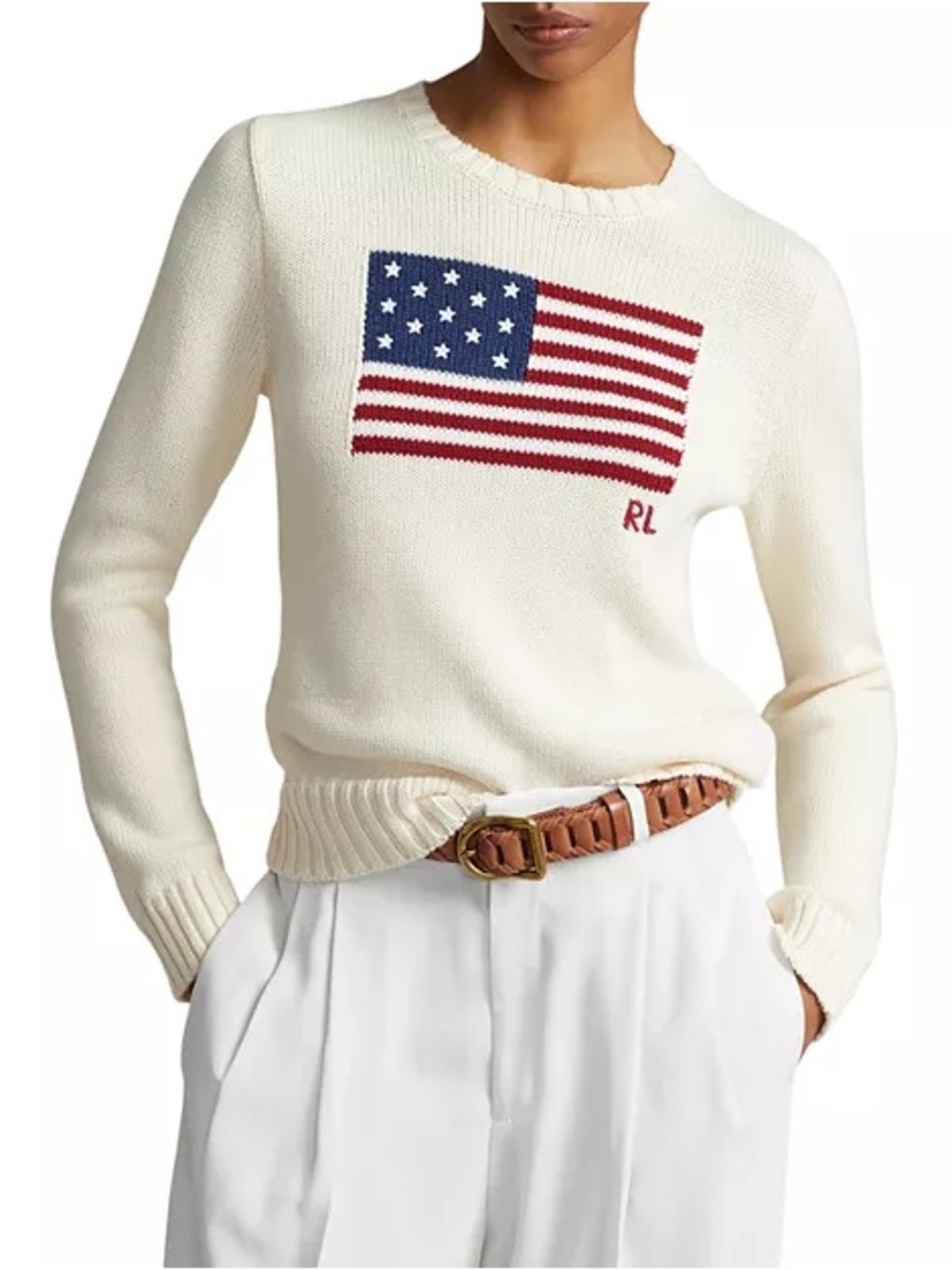 Ralph Lauren Cream Crewneck Sweater with Flag Motif